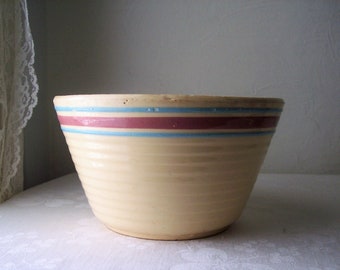Vintage Watt Pottery Bowl, Blue & Pink Stripes, Rustic Kitchen Decor