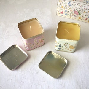 Square rose pastel floral tins, small, scented candles, vintage English boxed set image 9