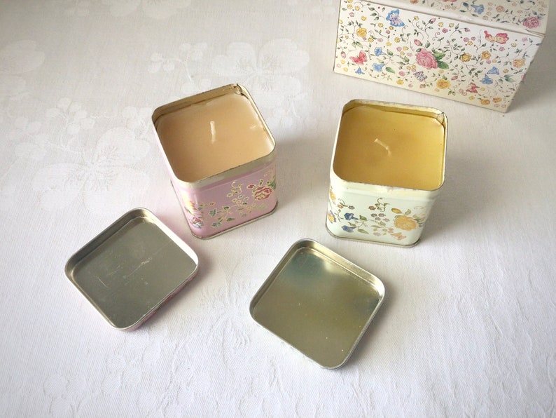 Square rose pastel floral tins, small, scented candles, vintage English boxed set image 9