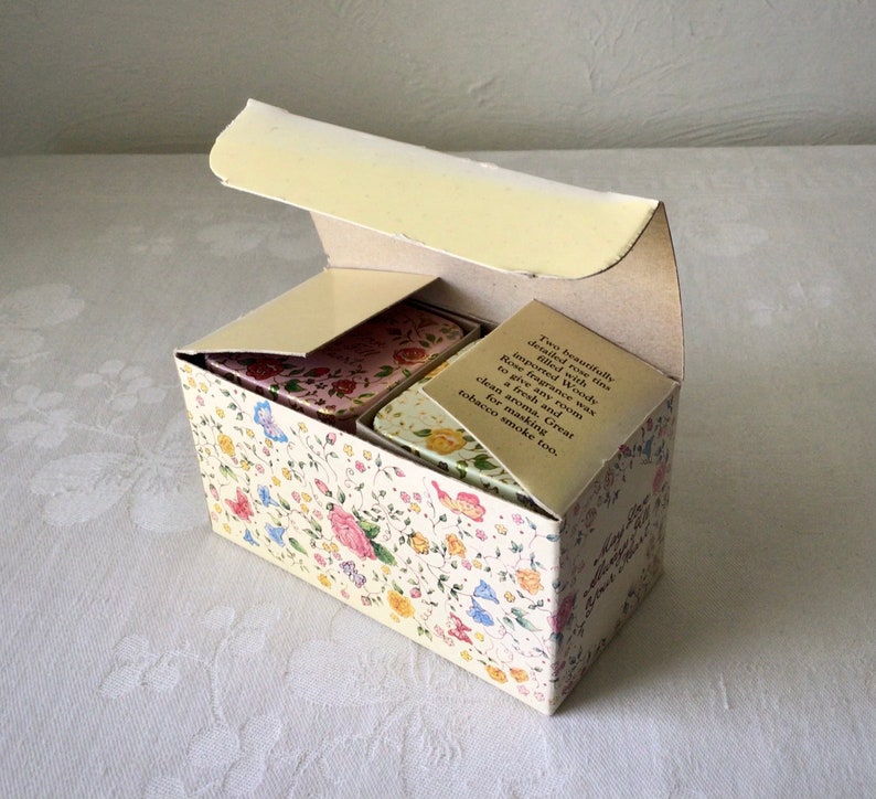 Square rose pastel floral tins, small, scented candles, vintage English boxed set image 10