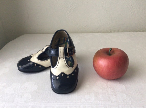 Childrens wingtip shoes, navy and white t strap o… - image 1