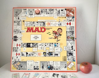 Mad Magazine game board, cards, play money, vintage party comics, midcentury 1970s