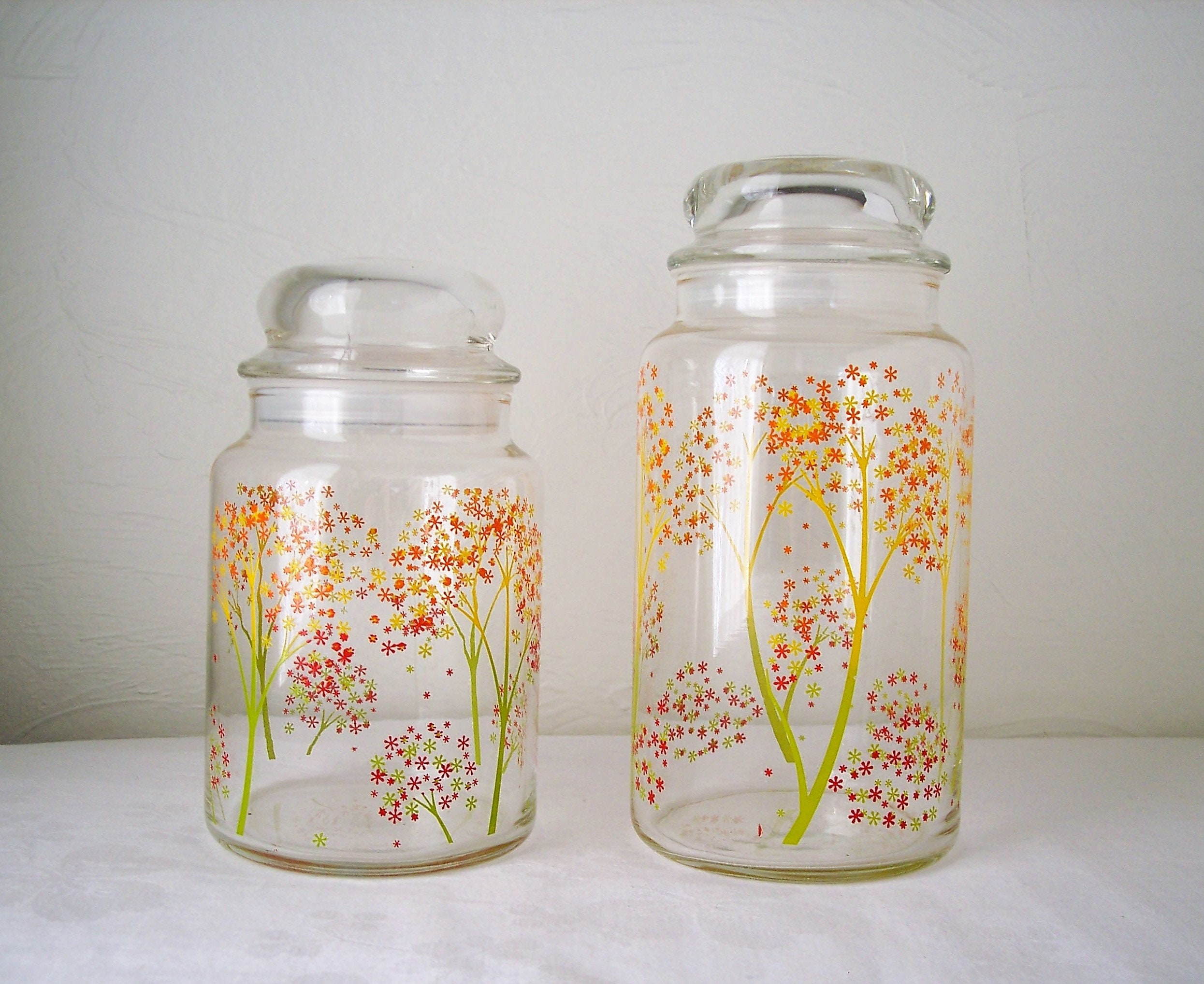 Set Of Two Mid Century Decorative Jars With Tree Designs Etsy