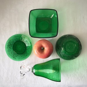 Emerald green sandwich glass vintage bowls, plate, footed tumbler, collectible glassware, round, square, small party dish, gift collection