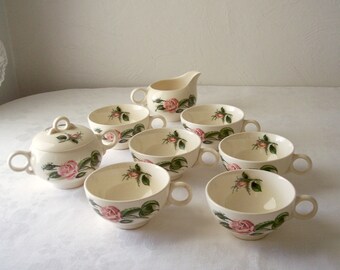 pink rose vintage coffee cups, creamer and sugar bowl, set of six teacups, tea party dishes