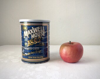 Maxwell House coffee can, vintage blue and gold 1892 metal tin canister with lid