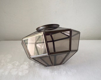 Brass and glass light shade, MCM octagon smoky dome vintage cloche