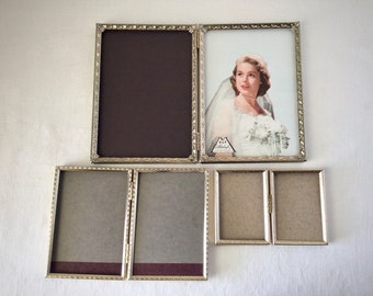 Double photo frames, gold metal picture holders, vintage minimalist decor