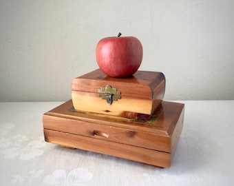 Hinged wooden souvenir boxes, vintage jewelry trinket treasure chests