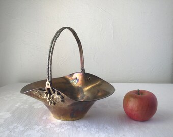 Brass gathering basket, ornate grape design, vintage metal tray bowl