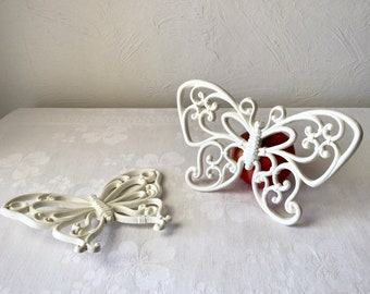 White butterfly wall hangings, vintage plastic Homco MCM midcentury decor