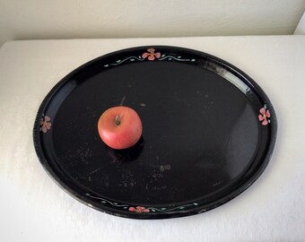 Large black oval metal serving tray, vintage folk art hand painted platter