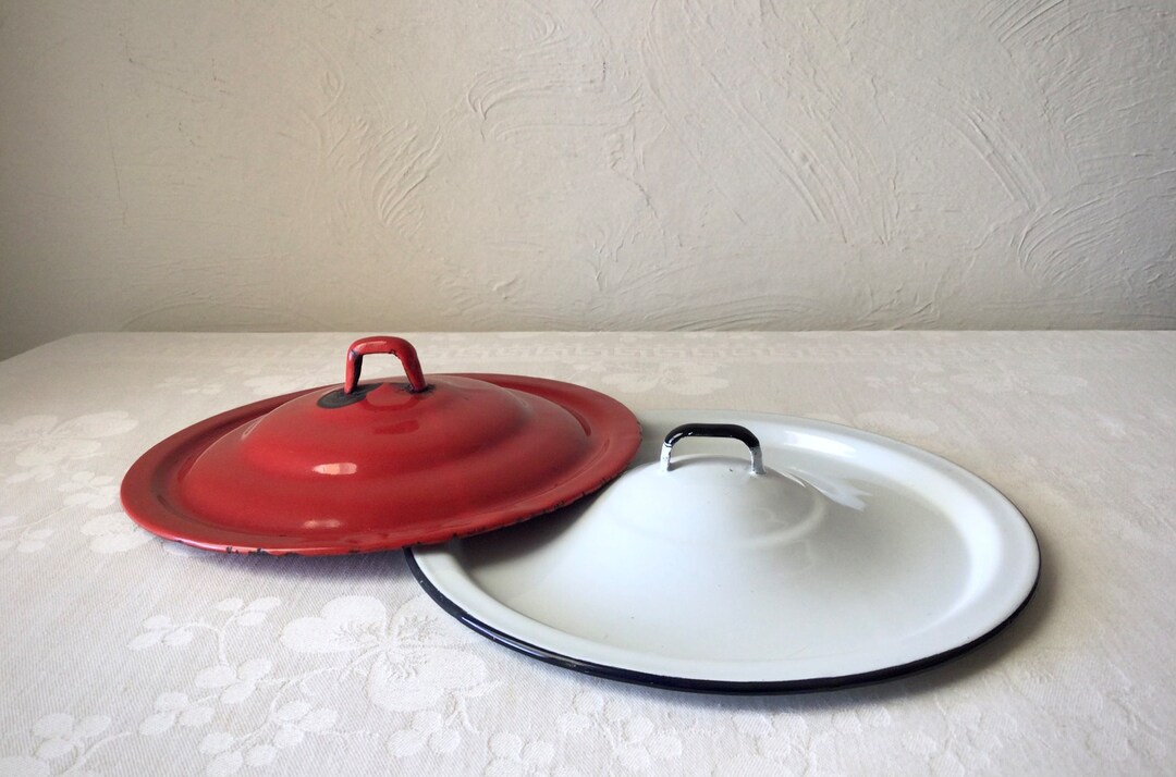 Enamel Pot Lids Vintage Metal Cookware Red White Primitive Etsy