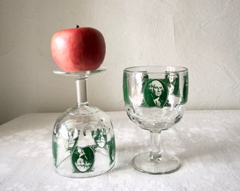 George Washington dollar bill goblets, Bartlett Collins thumbprint, vintage stemware glass