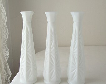 White milk glass bud vase collection, vintage MCM, wedding centerpiece