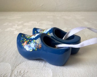 Tiny blue wooden Dutch Swedish shoes, painted wood clogs