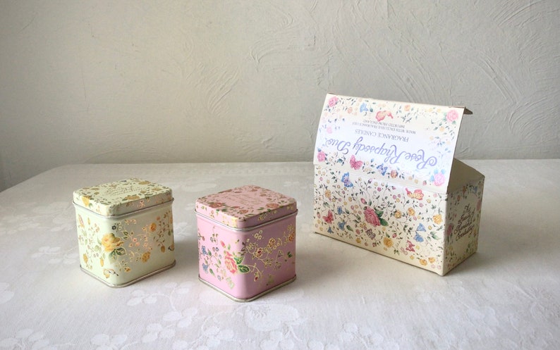 Square rose pastel floral tins, small, scented candles, vintage English boxed set image 4