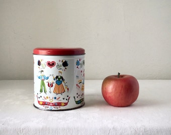 Folk art biscuit tin, red and white cookie canister, vintage kitchen pantry, Scandinavian style box