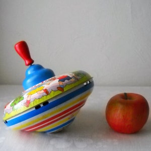 Vintage toy top, metal, spinning colorful tin litho gadget, child nursery room decor, Ohio Art, Mulberry Bush, collectible gift for children
