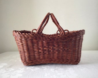 Double handle wicker basket, storage bin, vintage woven plant holder