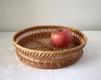 Round wicker basket tray, vintage cane wall art, natural wood splint bowl