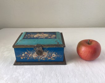 Linette blue tin treasure box, metal chest, vintage biscuit cookie bin, sewing storage