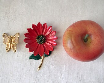 Red flower brooch, gold butterfly pin, midcentury 1960s 1970s, vintage metal