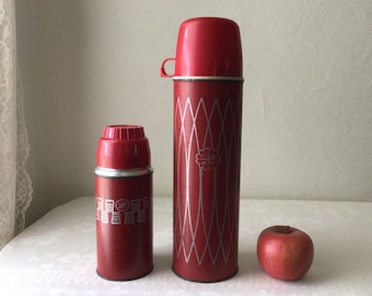 red thermos bottles, vintage icy hot picnic drink coolers