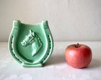 Lucky horseshoe green vase, four leaf clover, vintage ceramic horse lover wall pocket