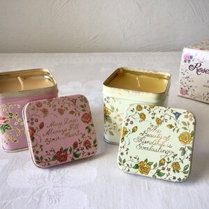 Square rose pastel floral tins, small, scented candles, vintage English boxed set Bild 8