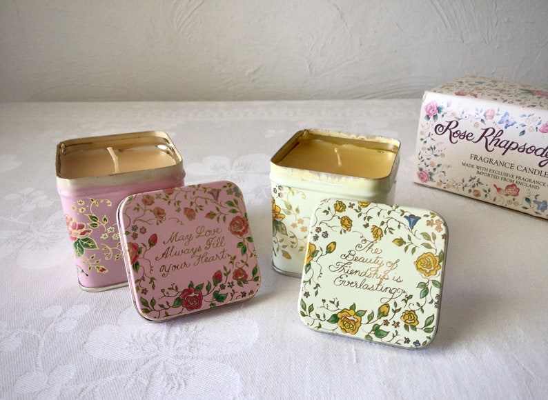 Square rose pastel floral tins, small, scented candles, vintage English boxed set image 8