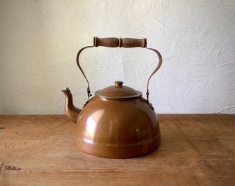Vintage copper tea kettle with wood handle, Portugal
