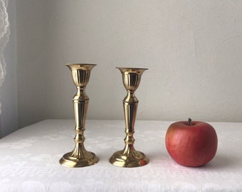 Brass candle holders, mantle decor, vintage gold color metal pair