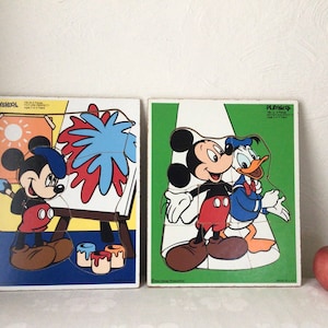 Vintage Mickey Mouse puzzles, Donald Duck cartoon character, Playskool wood toy, preschool, age 2 to 4 years, board back collectible gift