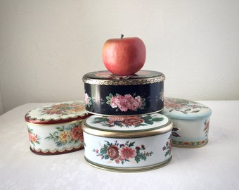 Oval biscuit tins, Daher Meister storage canisters, metal vintage floral candy boxes