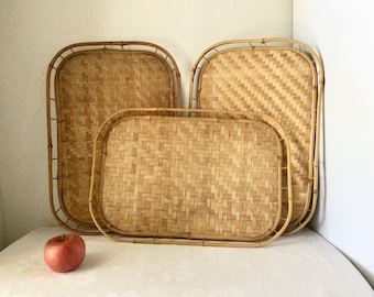 Bamboo trays, woven wood midcentury serving platter, vintage baskets, breakfast in bed