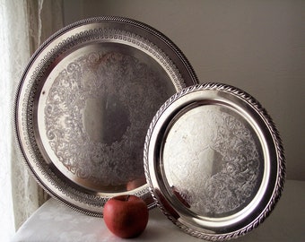 silver trays, rogers Oneida, vintage round engraved serving platter pieces