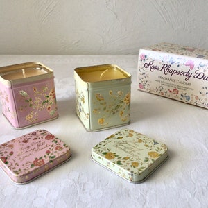 Square rose pastel floral tins, small, scented candles, vintage English boxed set image 2