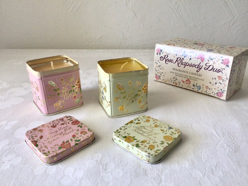 Square rose pastel floral tins, small, scented candles, vintage English boxed set image 2