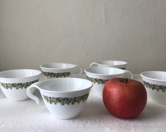 Crazy daisy spring blossom Corelle cups, vintage green flowers, hook handle coffee tea mug