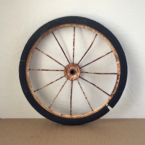 Baby buggy wheel, rusty metal vintage stroller carriage part, rubber tire, primitive pram wagon spokes, rustic antique gift, industrial art