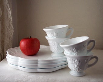 snack set, white milk glass harvest grape, vintage mid-century party plates, punch cups
