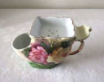 Shaving mug, hand painted cup, made in Germany, vintage floral bowl, mens beard grooming tool