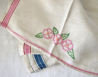 Embroidered linen striped tea towels, vintage kitchen dish drying cloths