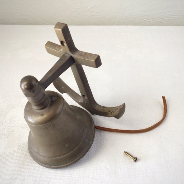 Brass wall bell with anchor mount, vintage nautical beach house decor
