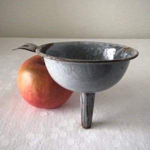 Granite ware funnel, gray enamel primitive utensil, vintage metal kitchen gadget, blue antique tool, rustic sieve, marbled spout decor gift