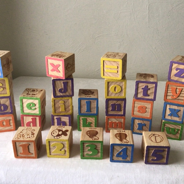 Wooden alphabet blocks, educational toy, vintage abc building, solid wood