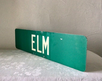 Elm street sign, original vintage green reflective directional marker, double sided