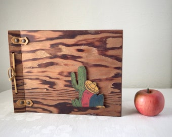 Rustic wood folk art album, scrapbook journal, primitive southwest, vintage picture book