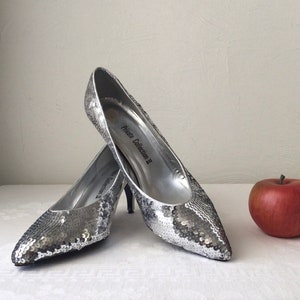 Silver sequin pumps, spike high heels, size 9 midcentury dressy shoes, vintage wedding bling, formal costume accessory fancy party wear gift
